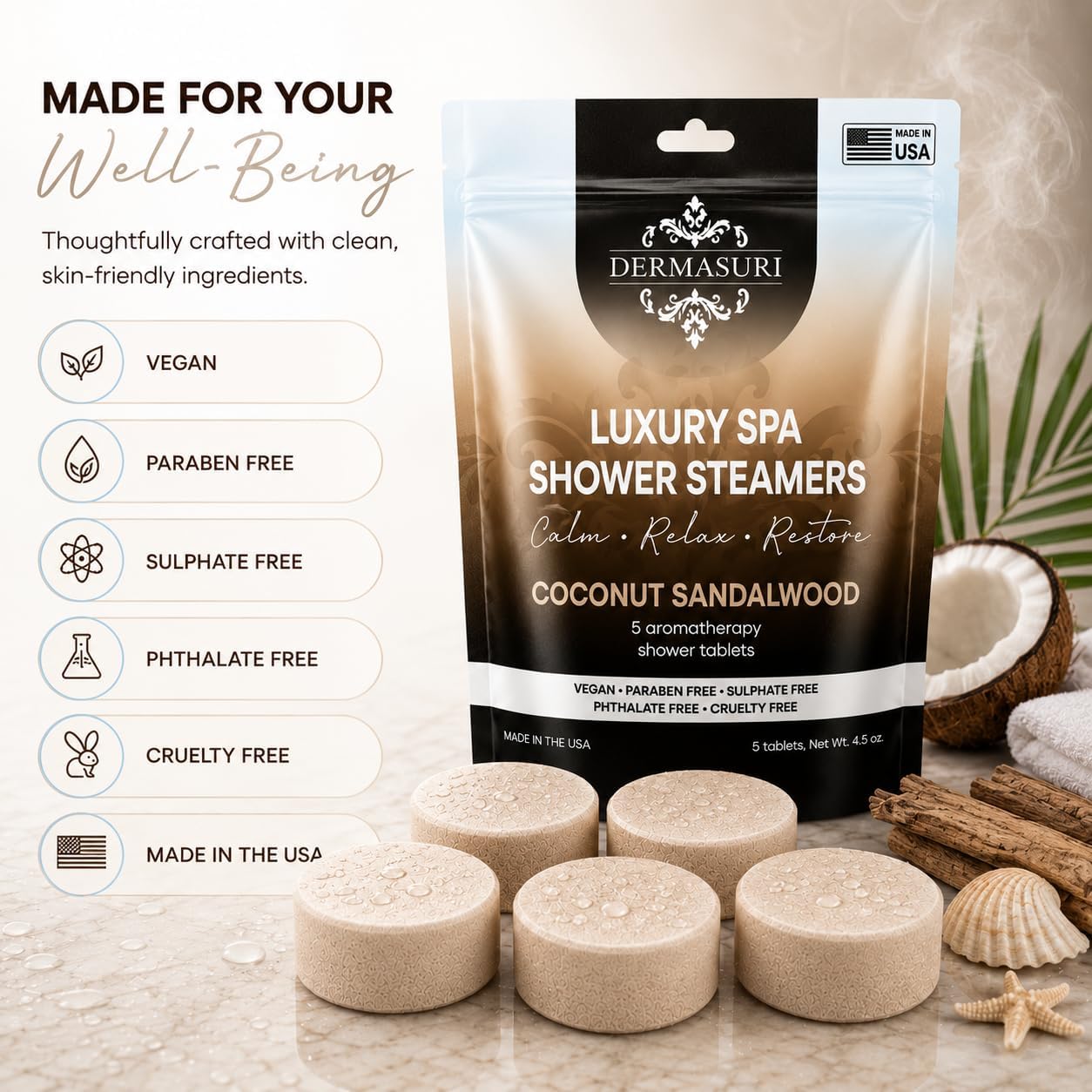 Shower Steamers Aromatherapy, Essential Oil Pods Infused for Relaxation, Shower Pods Aromatherapy - Calming, Stress Relief & Self Care Gifts for Women - Coconut Sandalwood