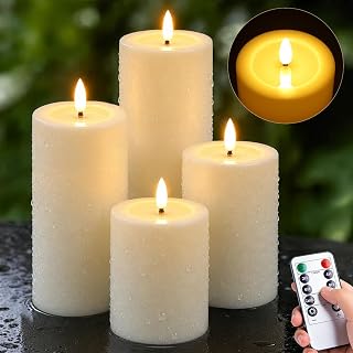 Outdoor Waterproof Flameless Candles with Remote and Timer, 4 Pack Battery Operated LED Flickering Pillar Candles, Fake Plastic Candles with Wax Effect for Lanterns, Indoor,(Ivory, 3" x4" 5" 6" 8")