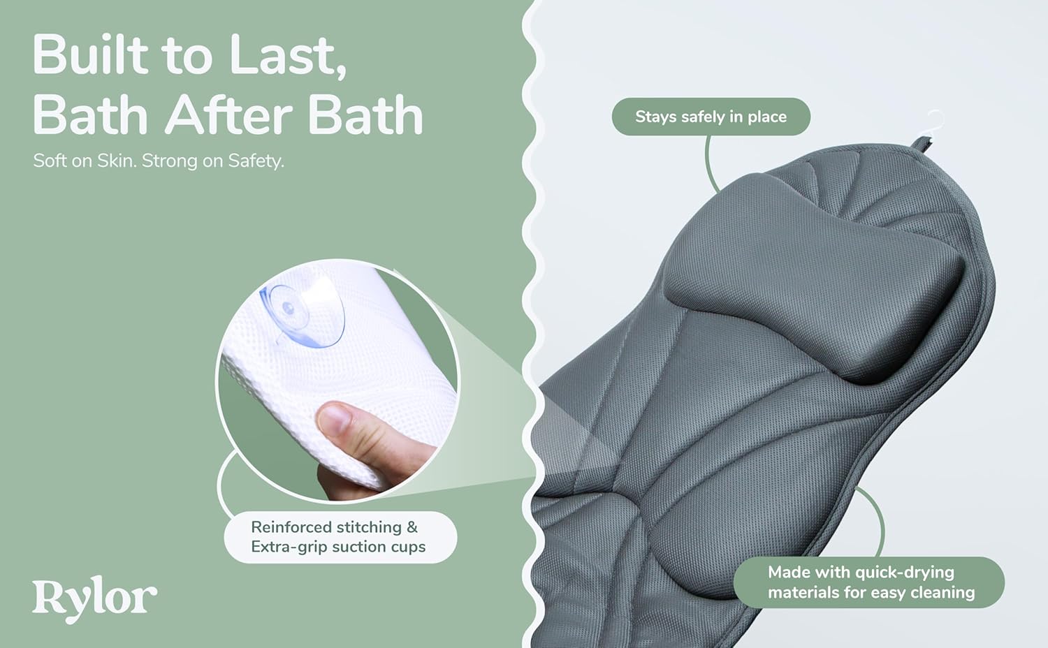 Rylor Full Body Bath Pillow – Luxury Cushion for Bathtub | Extra Large & Thick | Premium Packaging - Head, Neck, Shoulder & Back Support – Quick-Dry, Mold Resistant – for Women & Men (Gray)