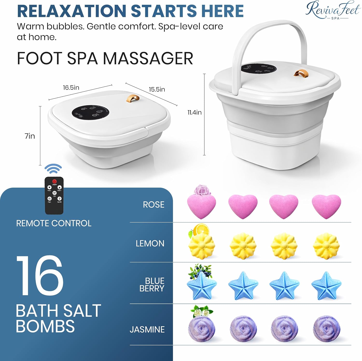 Collapsible Foot Spa Electric Rotary Massage, Heated Foot Bath with Bubbles and Temperature Control. Foot Bath Soak Tub with Remote, 16 Motorized Shiatsu Massage Balls & 16 Salt Bombs