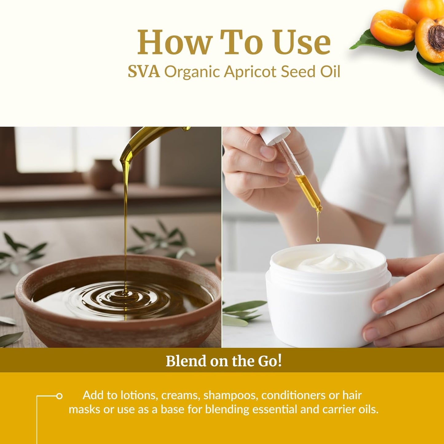 SVA Apricot Seed Oil Organic - 4 Fl Oz – 100% Natural Cold Pressed Organic Apricot Oil - for Face, Skin Care, Hair Care, Scalp Massage & Body Massage – Carrier Oil with Dropper