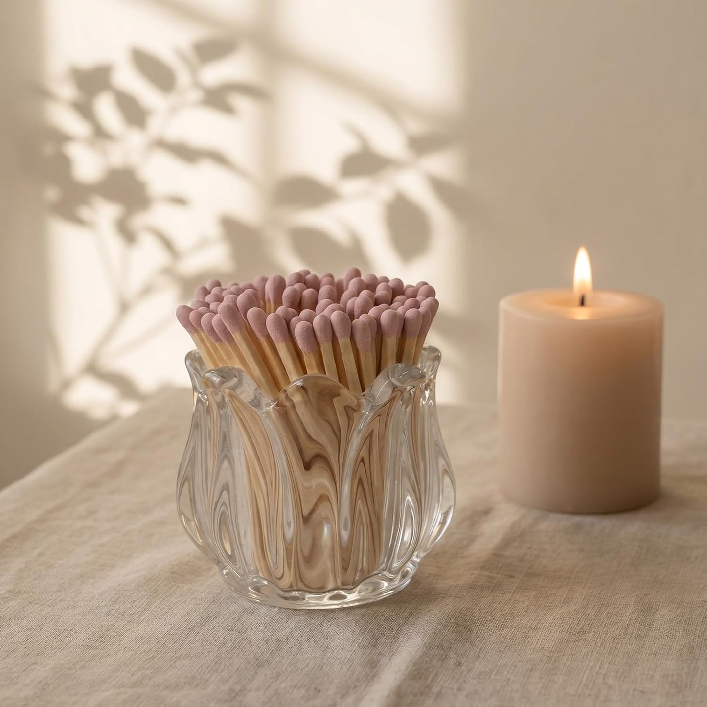 Match Holder with Striker x 4 Cute Glass Match Box Lily Flower Shape Match Jar for Candles Fireplace Kitchen Home Bathroom Decor - Matches Not Included