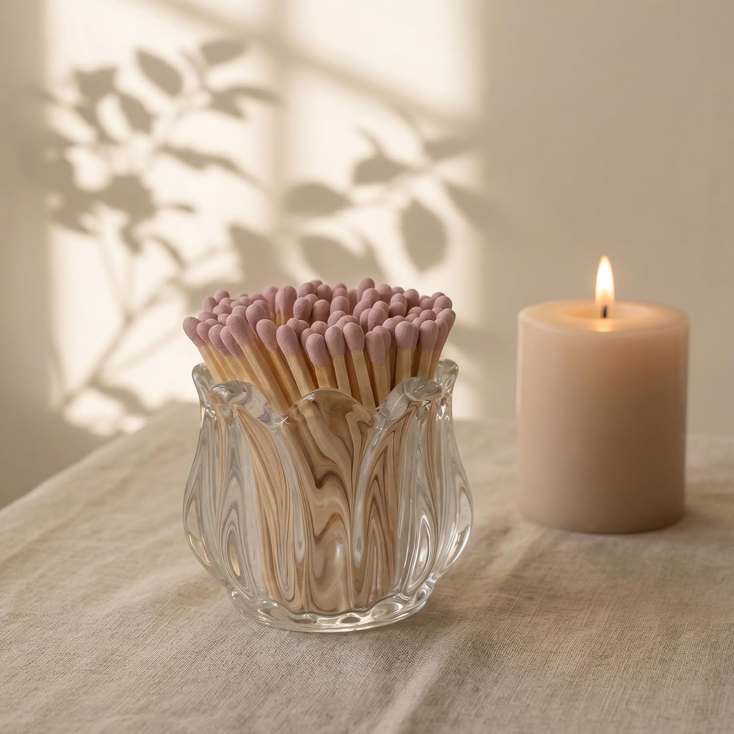 Match Holder with Striker x 4 Cute Glass Match Box Lily Flower Shape Match Jar for Candles Fireplace Kitchen Home Bathroom Decor - Matches Not Included