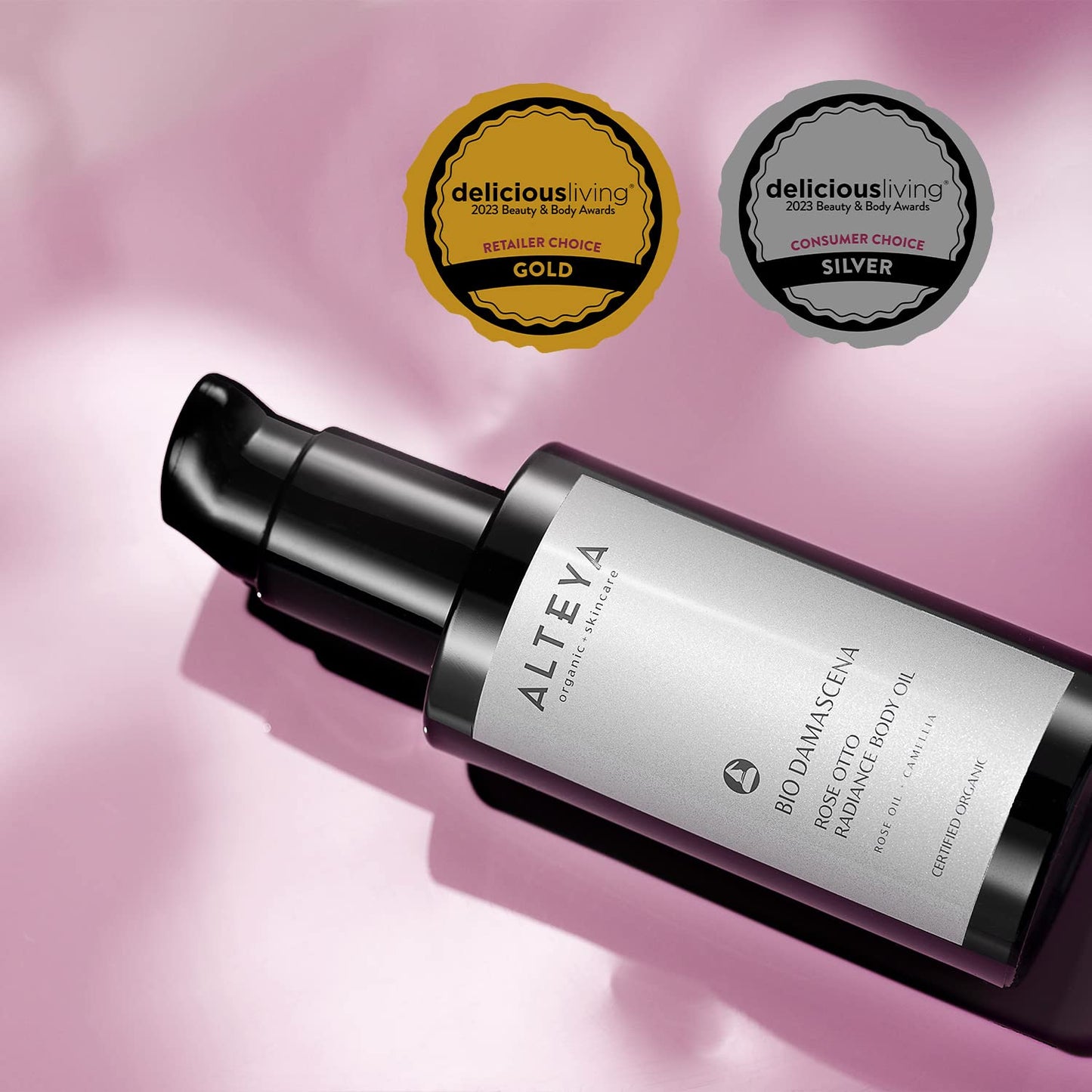 Alteya Organics Bio Damascena Rose Otto Radiance Body Oil - Certified Organic Body Moisturizer With Rose and Camellia Oil - Winner of Delicious Living Magazine Gold Award - 3.4Fl Oz/100mL