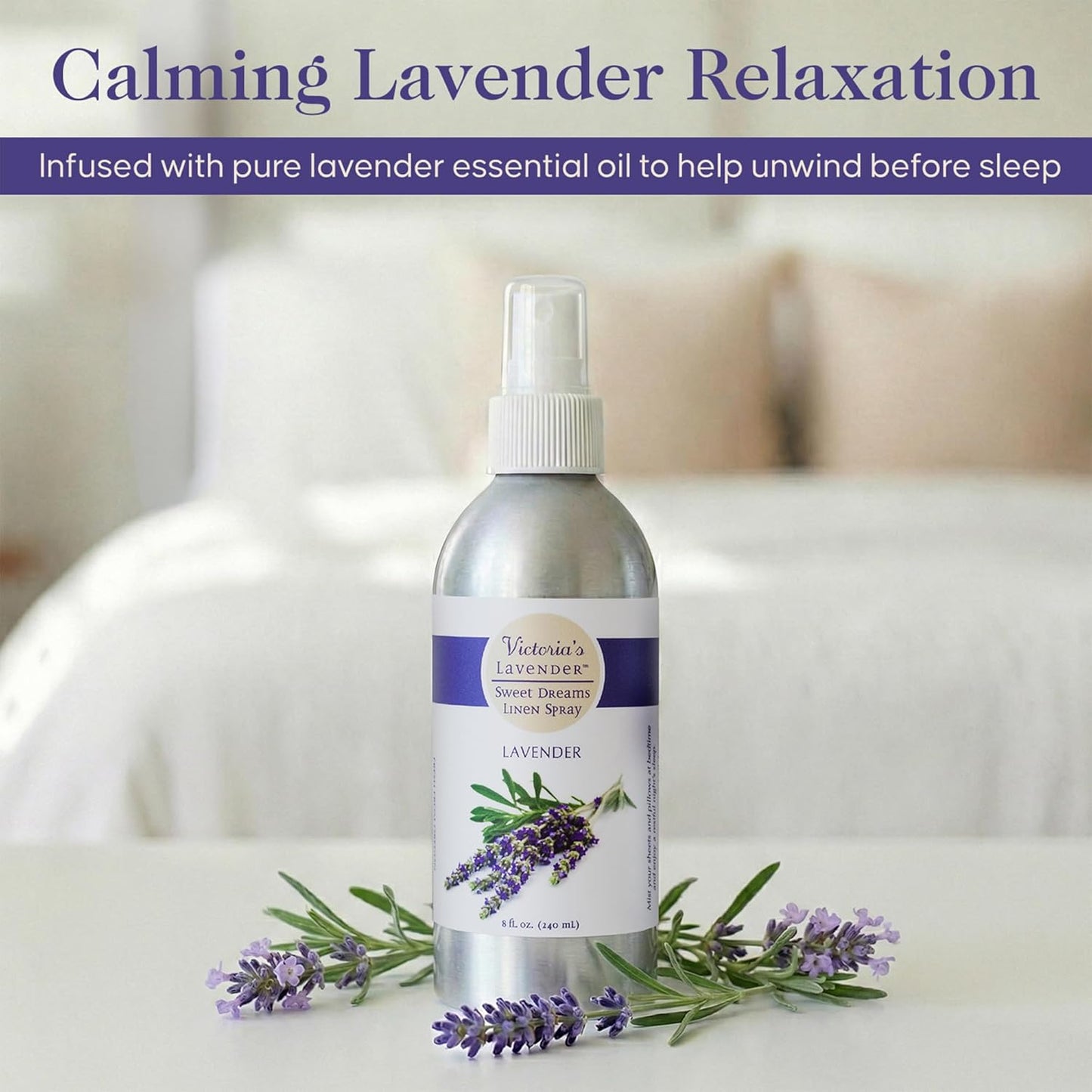 Victoria's Lavender Linen Spray - Aromatherapy Pillow Mist & Linen Spray for Bedding, Soothing Lavender Essential Oil Pure Blend for Bed & Pillows, Relaxing, Handmade in Oregon, Made in USA (8 oz)