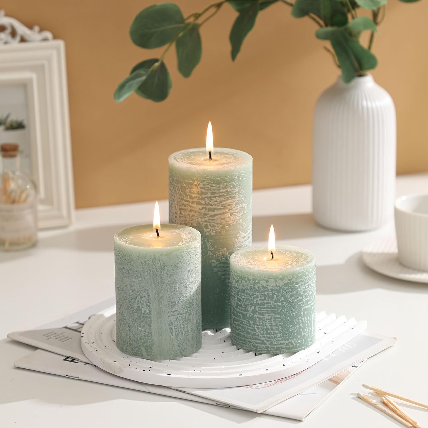 3x3 Inch Sage Green Pillar Candles - Set of 3, Long Clean Burning, Smokeless Dripless Candles for Spring Home Decor, Dinner Table, Bathroom, Rustic Decor