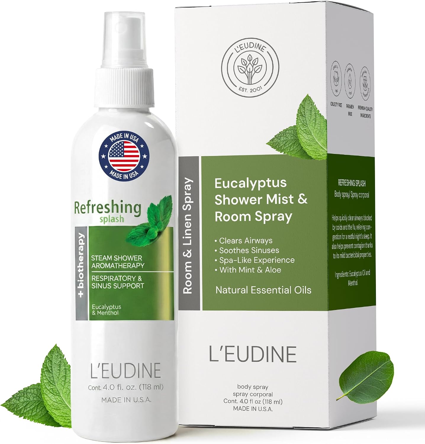 L'EUDINE Refreshing Splash with Eucalyptus Oil-Respiratory Care Body & Room Spray Mint and Aloe Infused Mist for Family Wellness, MultiUse Aromatherapy for Skin, Linens, and Small Spaces, 4 fl oz
