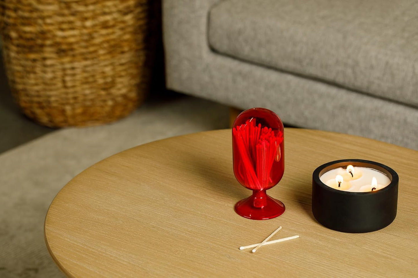 Premium Glass Match Cloche - Matches in a Jar with Striker. Matchstick Holder for Long Matches for Candles. Includes Match Striker and White Matches.