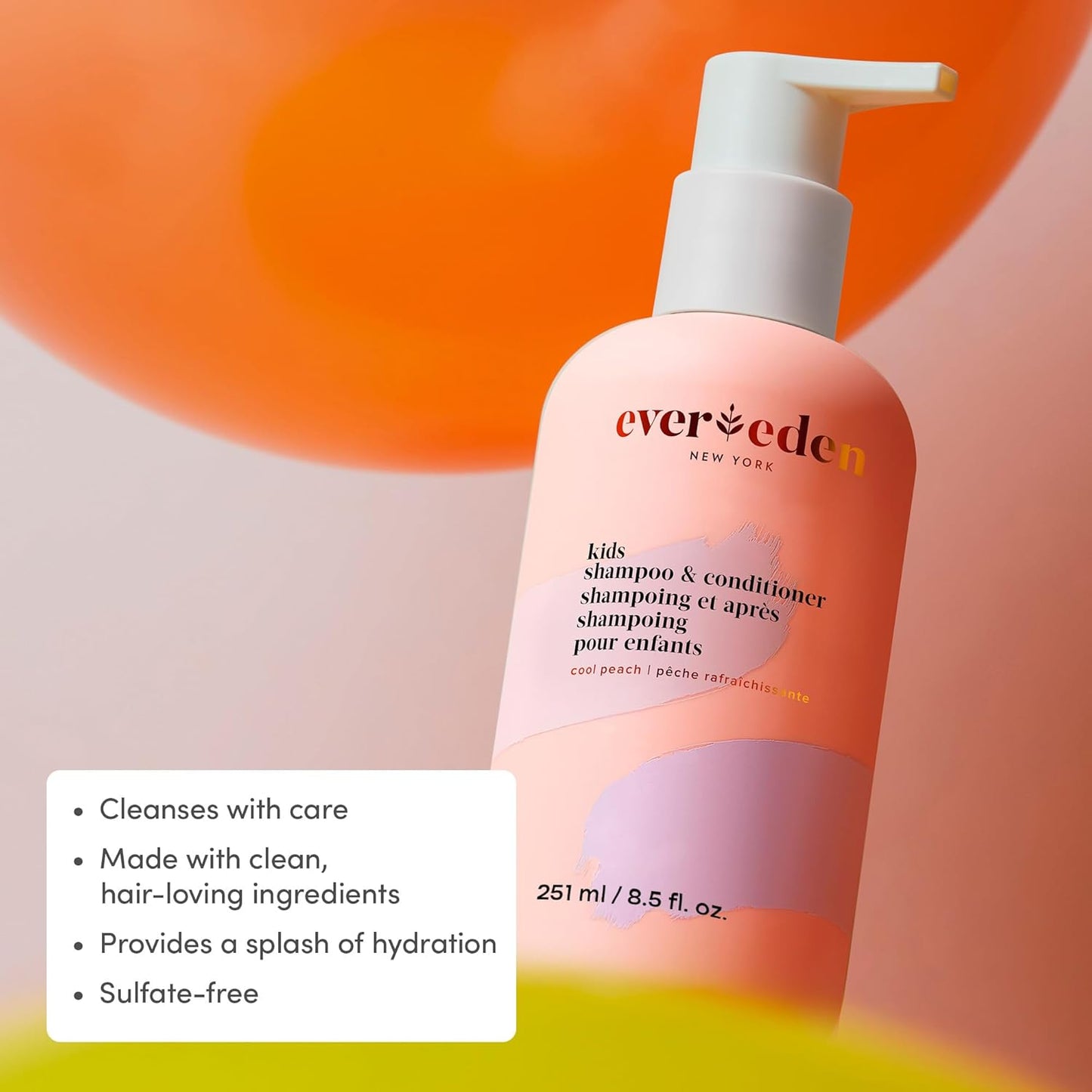 Evereden Kids 2-in-1 Shampoo & Conditioner, Cool Peach | Dermatologist-Tested, No Silicones | Gentle Care for Healthy Scalp & Hair, Age 3+ | Clean, Vegan, Sulfate & Paraben-Free, 8.5 fl oz