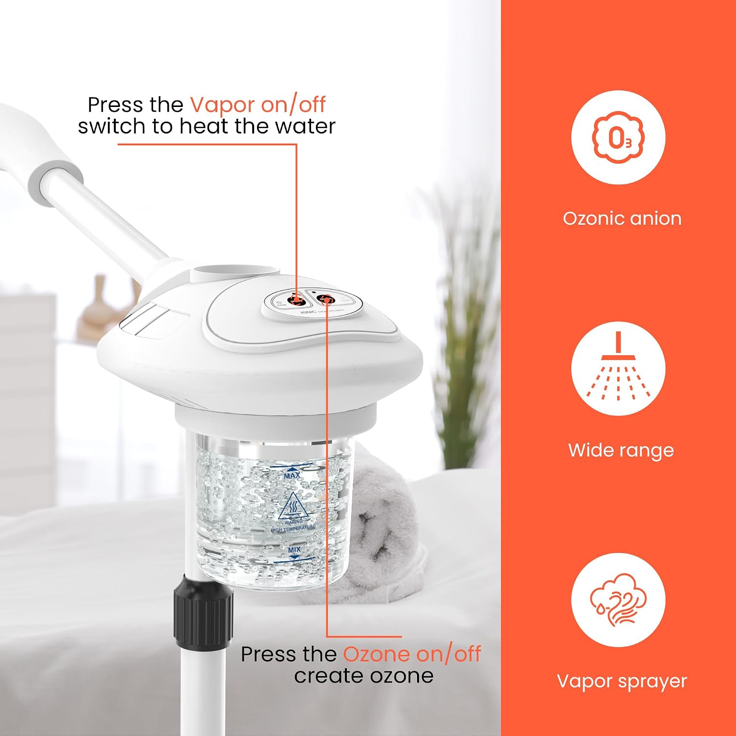 TASALON Professional Facial Steamer with Ozone, Vapor ozono Facial Steamer Professional for Clean Skin, Firm Pores, Esthetician Steamer for Home or Salon Use, Adjustable Height and Angle,White
