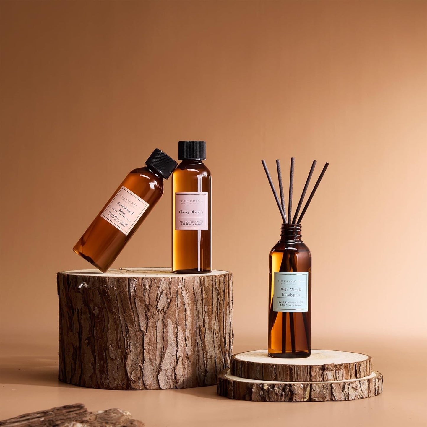 COCORRÍNA Reed Diffuser Refill Set, 10.2oz Scented Oil Refill 3 Pack, Sandalwood Rose, Cherry Blossom, Wild Mint & Eucalyptus, Long Lasting Oil Diffuser Refill with18 Sticks for Bathroom & Bedroom
