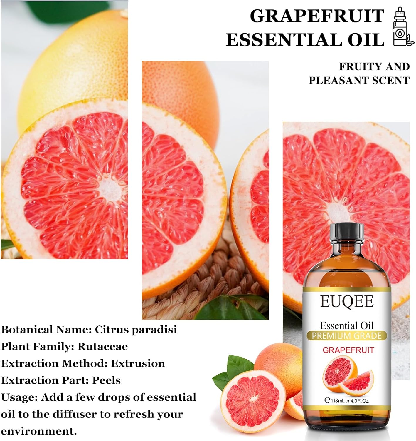 EUQEE Grapefruit Essential Oil 118mL Pure Grapefruit Oil, Large Capacity Essential Oil with Glass Dropper for Diffuser, Aromatheraphy, DIY Soap (4fl.oz)