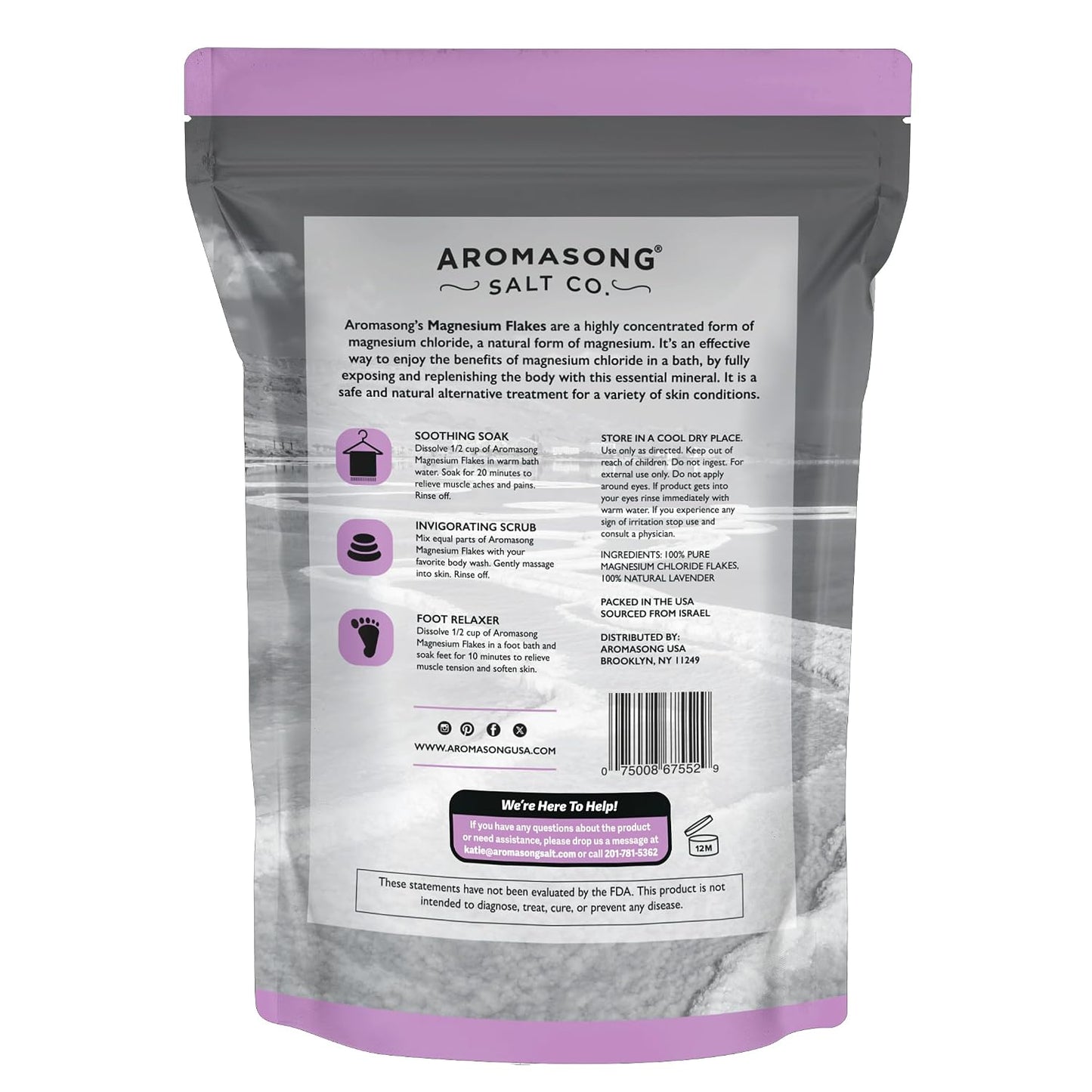 Aromasong RAW Magnesium Bath Flakes with 100% Natural Lavender, 3 LB Muscle Relaxing Organic Salts Mg Chloride, Mineral Soak. (Packaging May Vary)