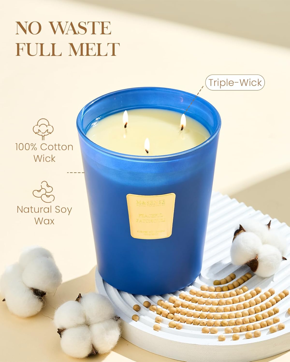 M&SENSE Peaceful Patchouli Scented Candle, 35oz 3 Wick 150H, Natural Soy Large Aromatherapy Candles for Meditation & Stress Relief, Yoga Housewarming Gift