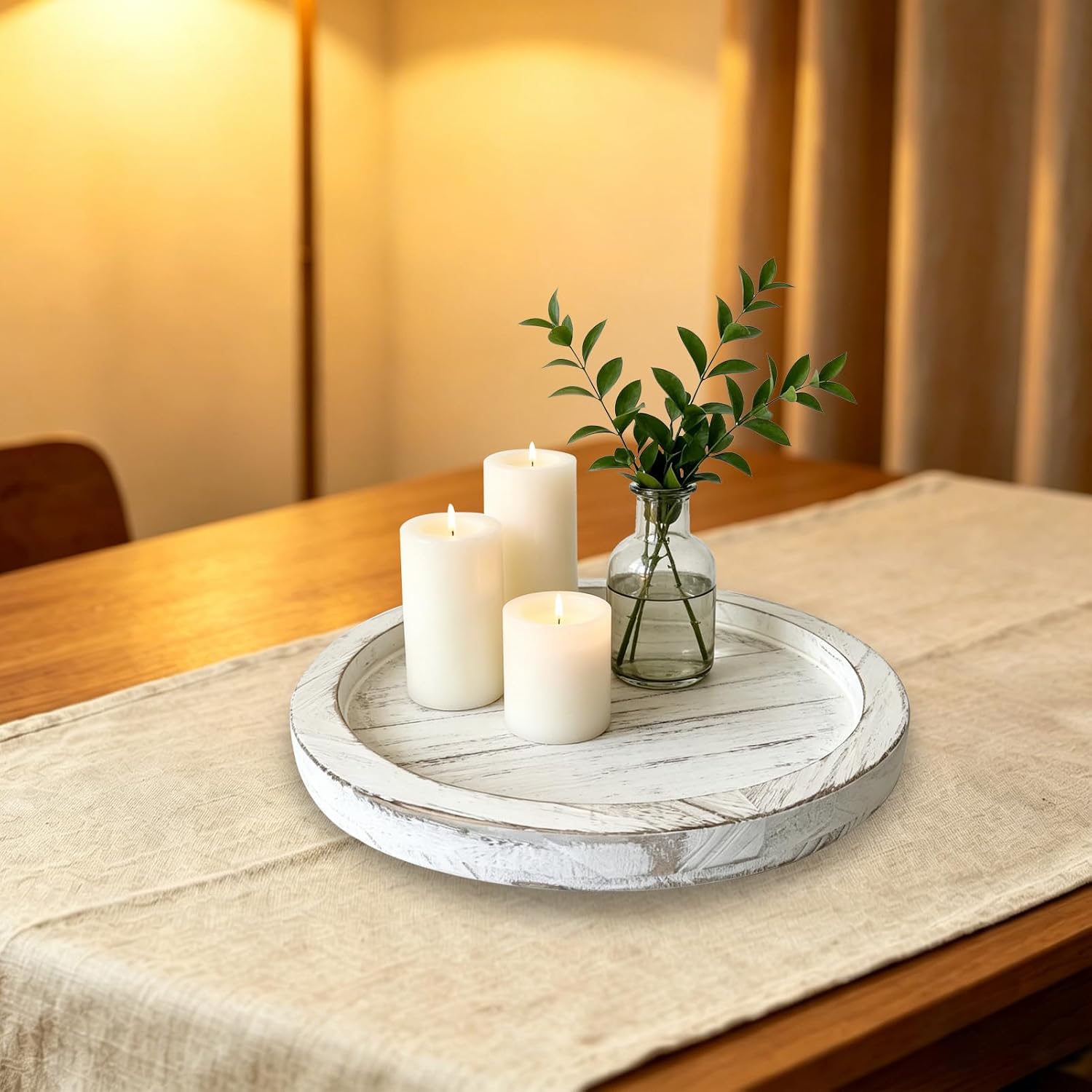 11 Inch Round Distressed White Paulownia Wood Candle Tray with 3 Small Sturdy Feet, Shabby Chic Farmhouse Decor for Coffee Table, Bathroom Vanity & Home Centerpieces
