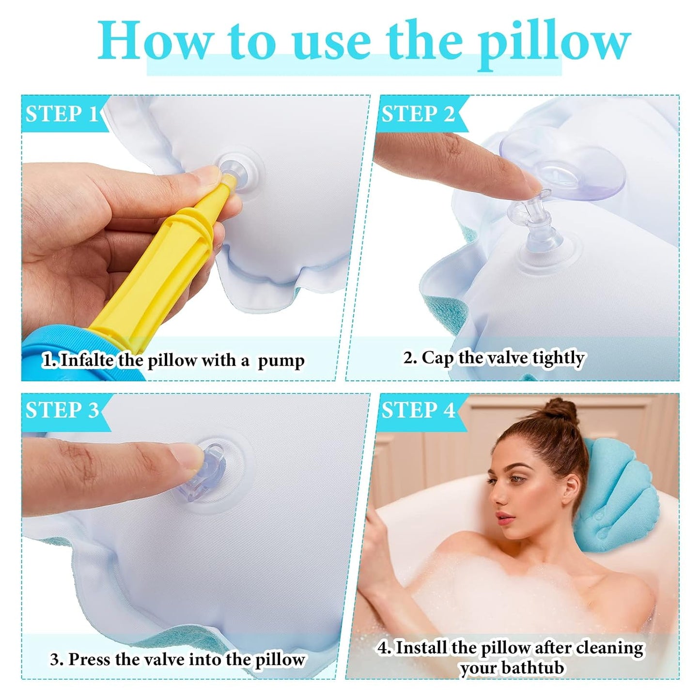 Jetec 2 Pcs Inflatable Bath Pillow with Suction Cup Terry Cloth Covered Bath Pillow Shell Shape Bathtub Spa Pillows Comfortable Soft Cushion Neck Support Fits All Pool Bathroom Home Spa Hot Tub(Blue)
