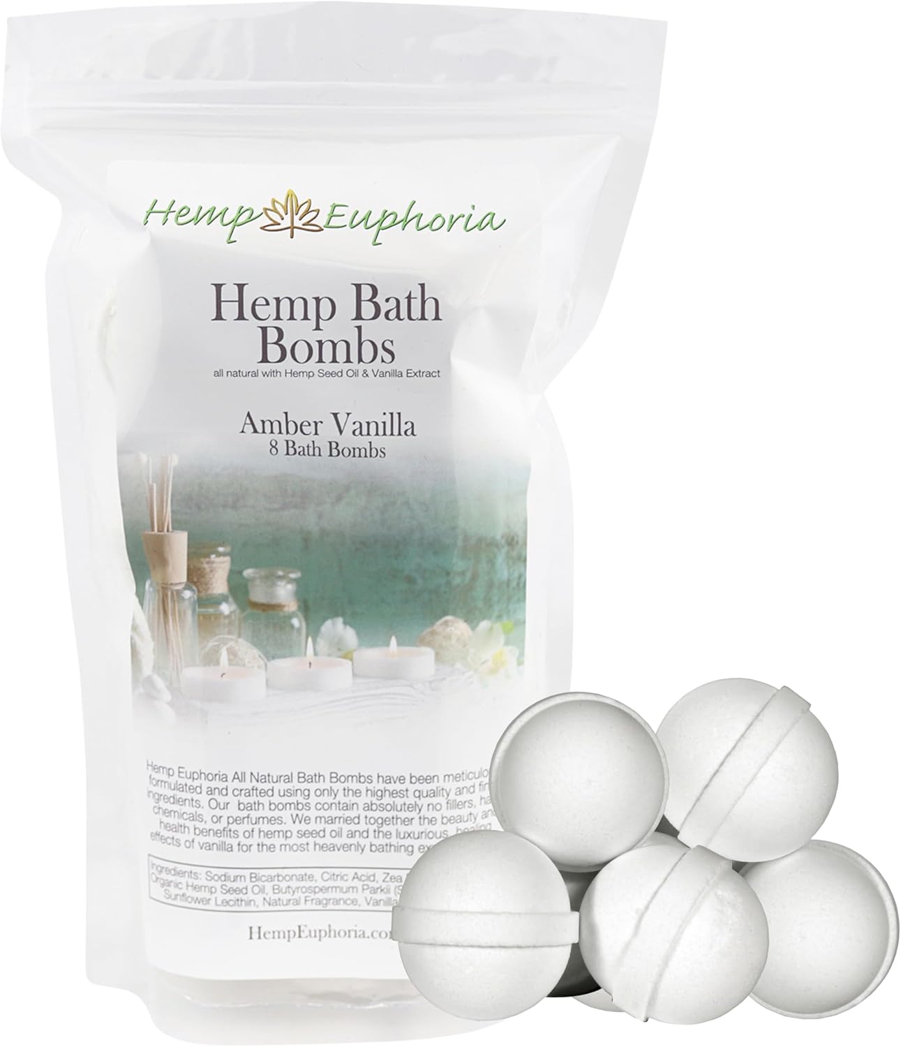 Hemp Bath Bombs -Amber Vanilla - Rich in Organic Hemp Seed Oil, Vanilla Extract, and Shea Butter - 8 Count by Hemp Euphoria