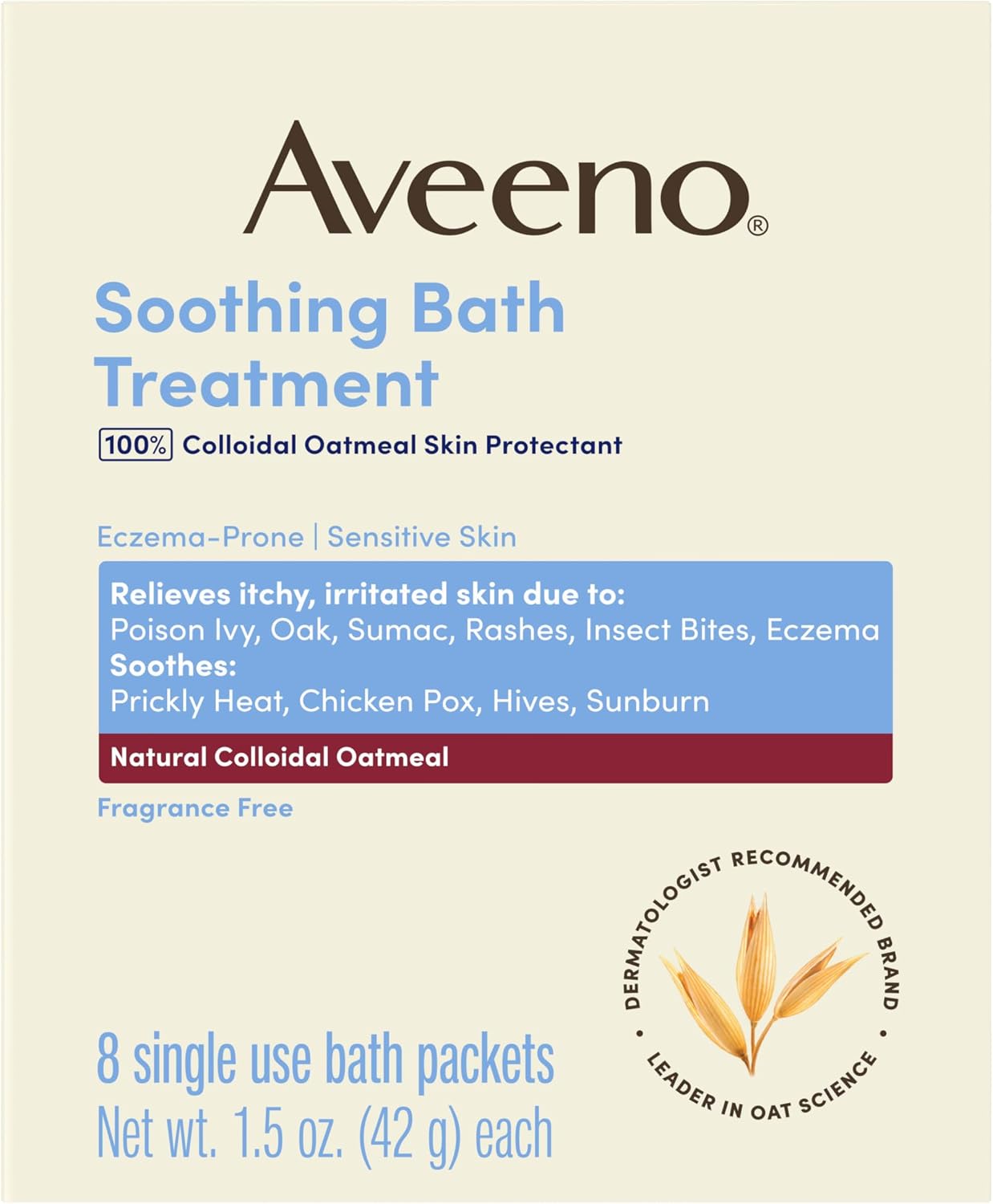 Aveeno Soothing Bath Treatment, Natural Colloidal Oatmeal Bath for Eczema, Sensitive Skin, Fragrance-Free Formula, Eczema Bath Soak Relieves Itchy, Dry Skin, Individual Packets, 8 ct.