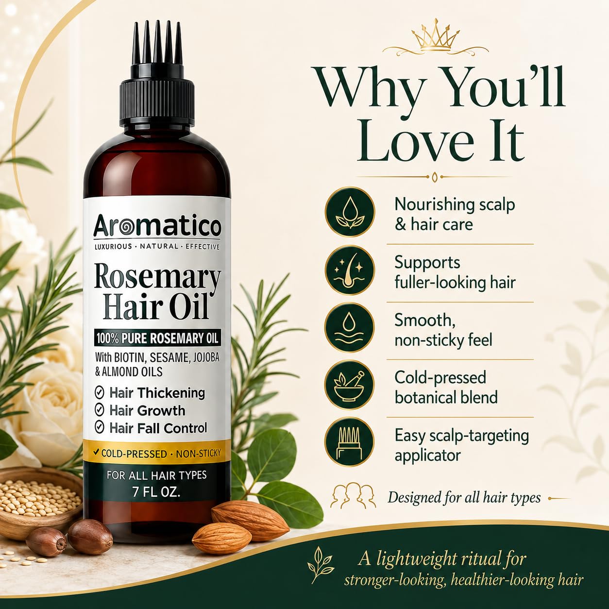 Aromatico 100% Pure Rosemary Oil for Hair Growth, Hair-fall Control & Hair Thickening. Enriched with Sesame, Jojoba & Almond Oils. Non-Sticky Texture. With Applicator Cap - 7 Fl Oz
