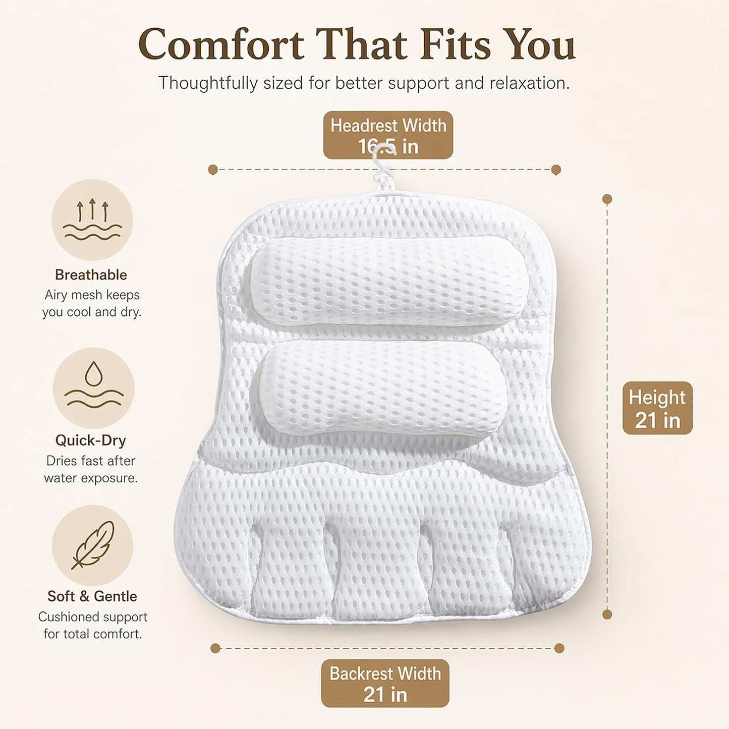 Luxury Bath Pillow for Tub, with 10 Strong Suction Cups, Non-Slip Bathtub Pillow for Head Neck & Back Support, Extra Large 21” Spa Bath Pillow, 4D Air Mesh Quick-Dry, Gift for Women(White)