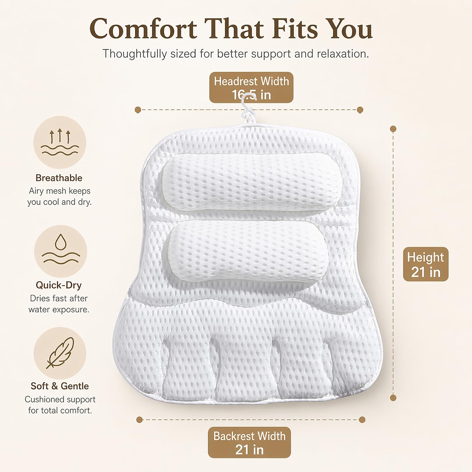 Luxury Bath Pillow for Tub, with 10 Strong Suction Cups, Non-Slip Bathtub Pillow for Head Neck & Back Support, Extra Large 21” Spa Bath Pillow, 4D Air Mesh Quick-Dry, Gift for Women(White)