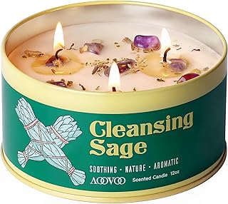 AOOVOO Sage Candle for Cleansing - 3 Wick 12oz Large Scented Candle with Crystals & Sage Leaves Inside, Soy Candles Non Toxic for Meditation Spiritual Gift, Aromatherapy Candle for Women Men