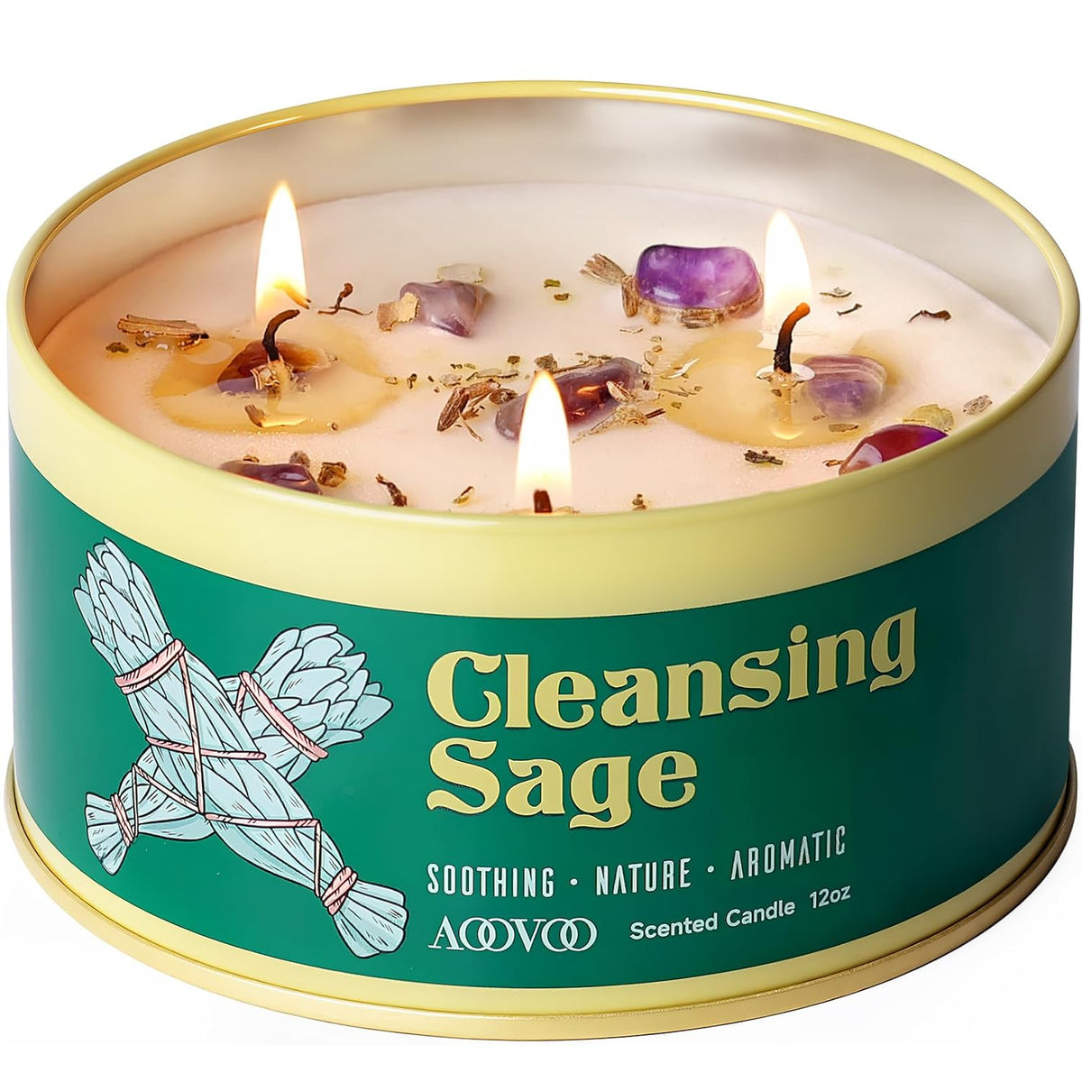 AOOVOO Sage Candle for Cleansing - 3 Wick 12oz Large Scented Candle with Crystals & Sage Leaves Inside