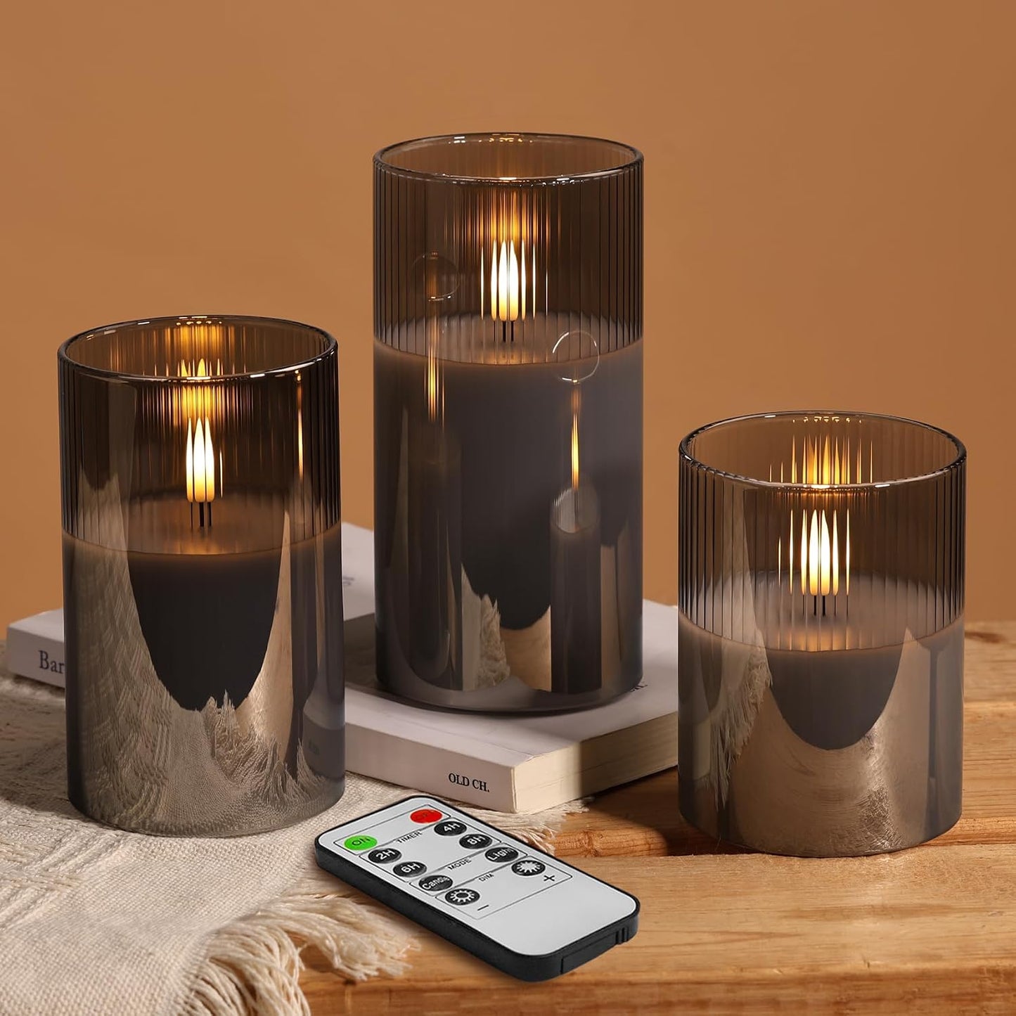 Eywamage Smoke Grey Ribbed Glass Flameless Pillar Candles with Remote, Flickering LED Wax Candles Battery Operated Set of 3