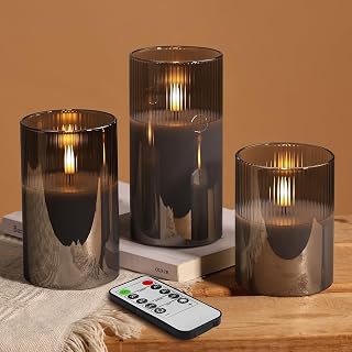 Eywamage Smoke Grey Ribbed Glass Flameless Pillar Candles with Remote, Flickering LED Wax Candles Battery Operated Set of 3