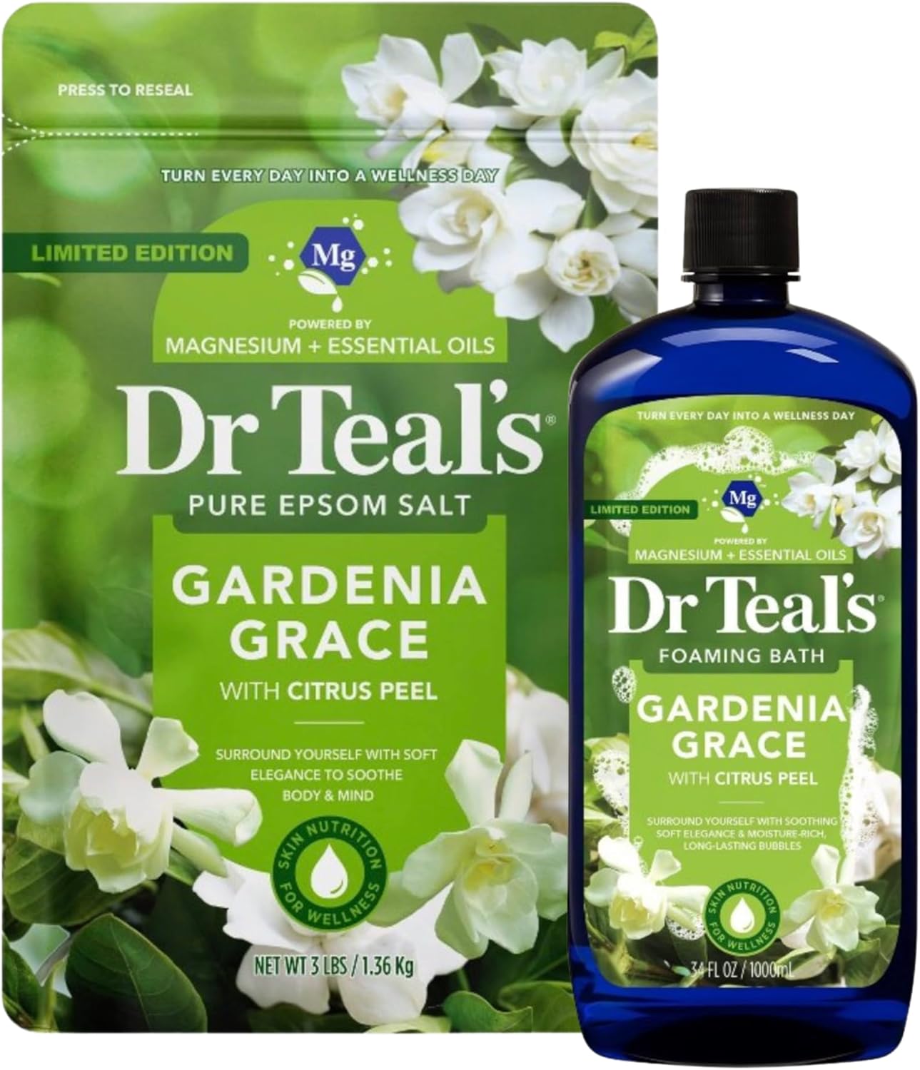 Dr Teal's Gardenia Grace Limited Edition Bath Set with Citrus Peel, Pure Epsom Salt and Foaming Bath Duo, Magnesium Sulfate with Essential Oils