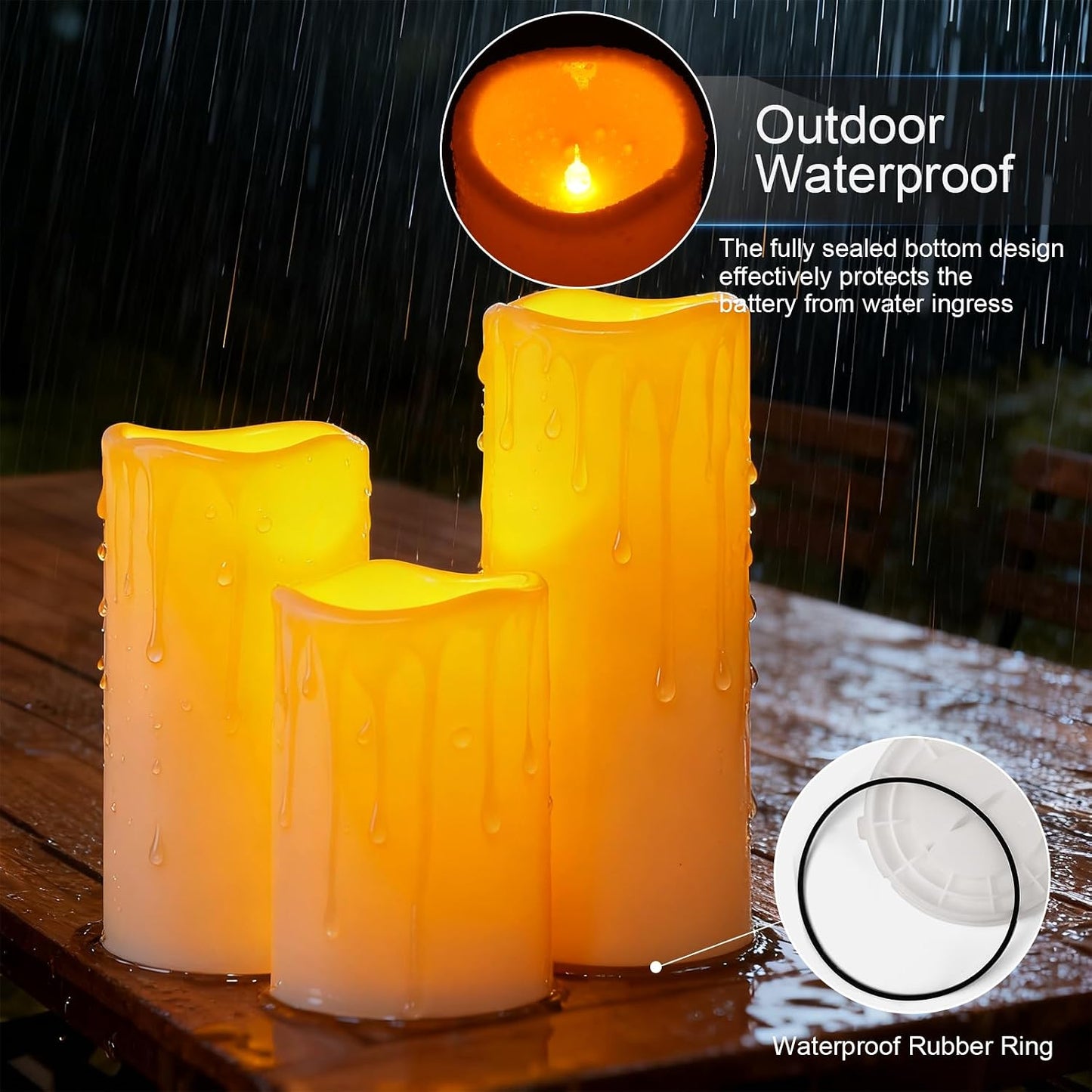 Amagic 3 Pack 4"x 6"8" 10" Outdoor Plastic Electric flameless Candles with Remote Control and Timer, Battery Operated Flickering LED Pillar Fake Candle for Home, Wedding Decor, Ivory