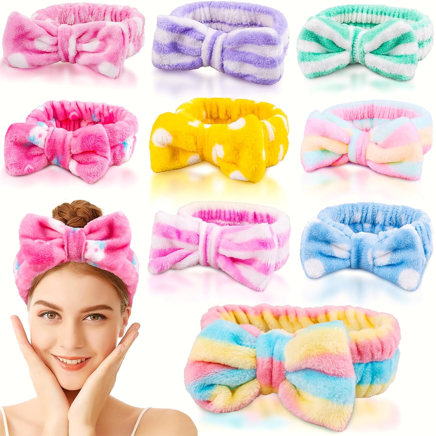 9 Pcs Spa Headband for Washing Face, Skincare Headband, Microfiber Makeup Headbands for Women Girls, Face Wash Skin Care Headbands, Facial Make Up Hair Head band, Bow Shower Hair Band for Teens Gift