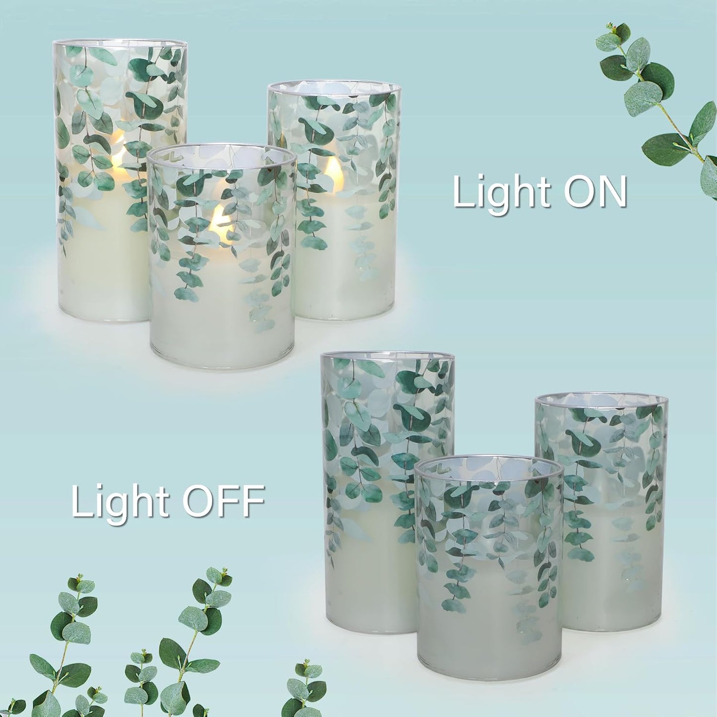 Green Glass Flameless Candles Remote Timer Eucalyptus Leaves Greenery Design Battery Operated Flicker Pillar Candle for Wedding Centerpiece Spring Easter Farmhouse Home Decoration, Set of 3