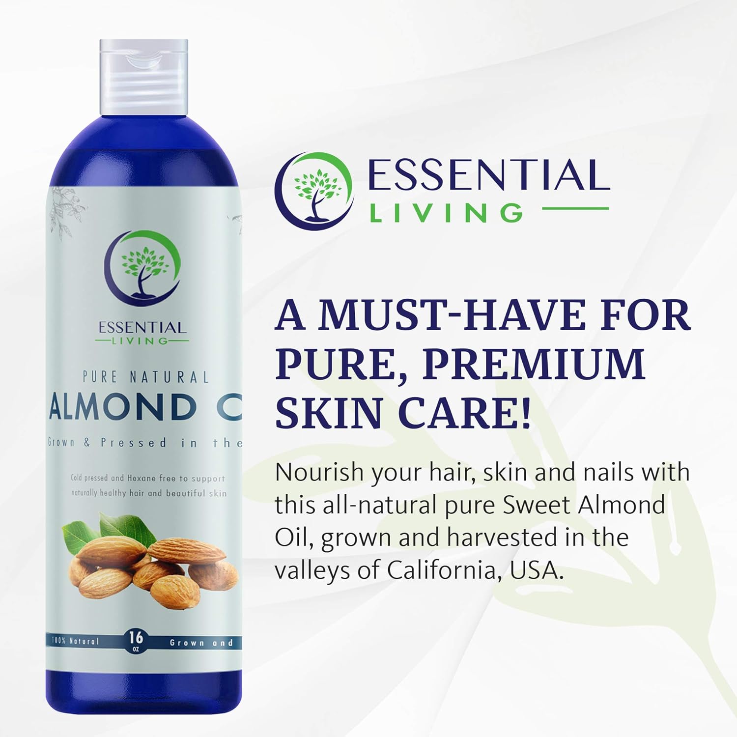 Essential Living: Sweet Almond Oil - Pure Carrier Oil for All-Natural Skin Care, Moisturizer, Makeup Remover, Oil Cleansing and More - 16OZ - Cold Pressed - No Hexane - Made in the USA