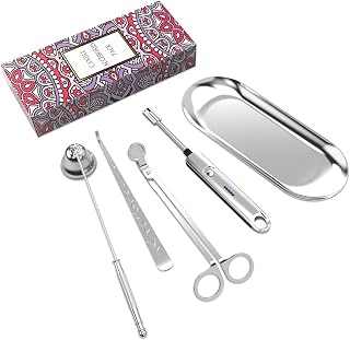5Pcs Candle Accessory Set with Rechargeable Electric Lighter, Storage Tray, Wick Trimmer, Snuffer, Dipper - Stainless Steel Care Kit with Gift Package for Candle Lovers - Silver