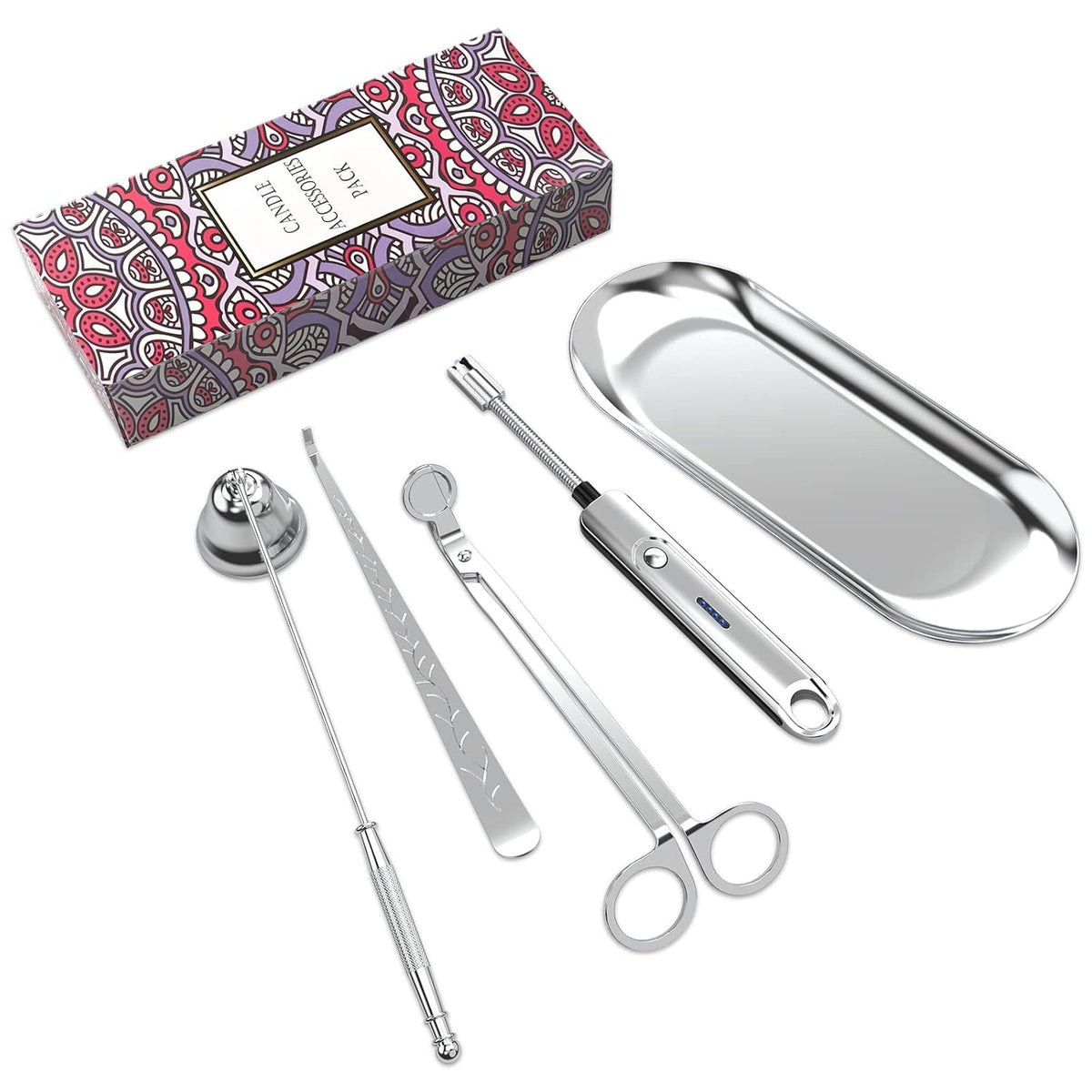 5Pcs Candle Accessory Set with Rechargeable Electric Lighter, Storage Tray, Wick Trimmer, Snuffer, Dipper - Stainless Steel