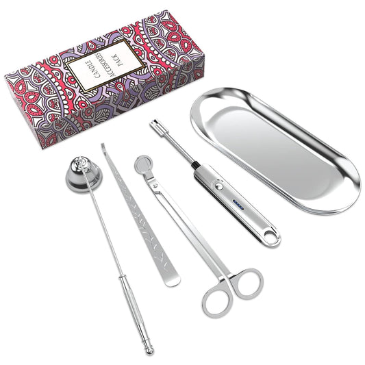 5Pcs Candle Accessory Set with Rechargeable Electric Lighter, Storage Tray, Wick Trimmer, Snuffer, Dipper - Stainless Steel