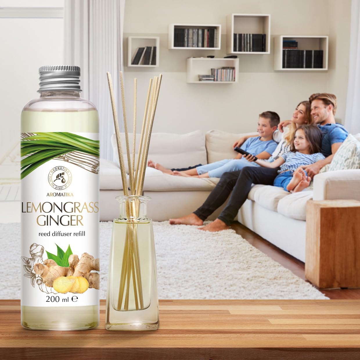 Reed Diffuser Refill Lemongrass-Ginger 6.8Fl Oz - Aroma Diffuser Refill with Essential Ginger Oil - Fragrance Diffuser - Spicy and Fresh Fragrance - Natural Fragrance - Aromatherapy - Air Freshener