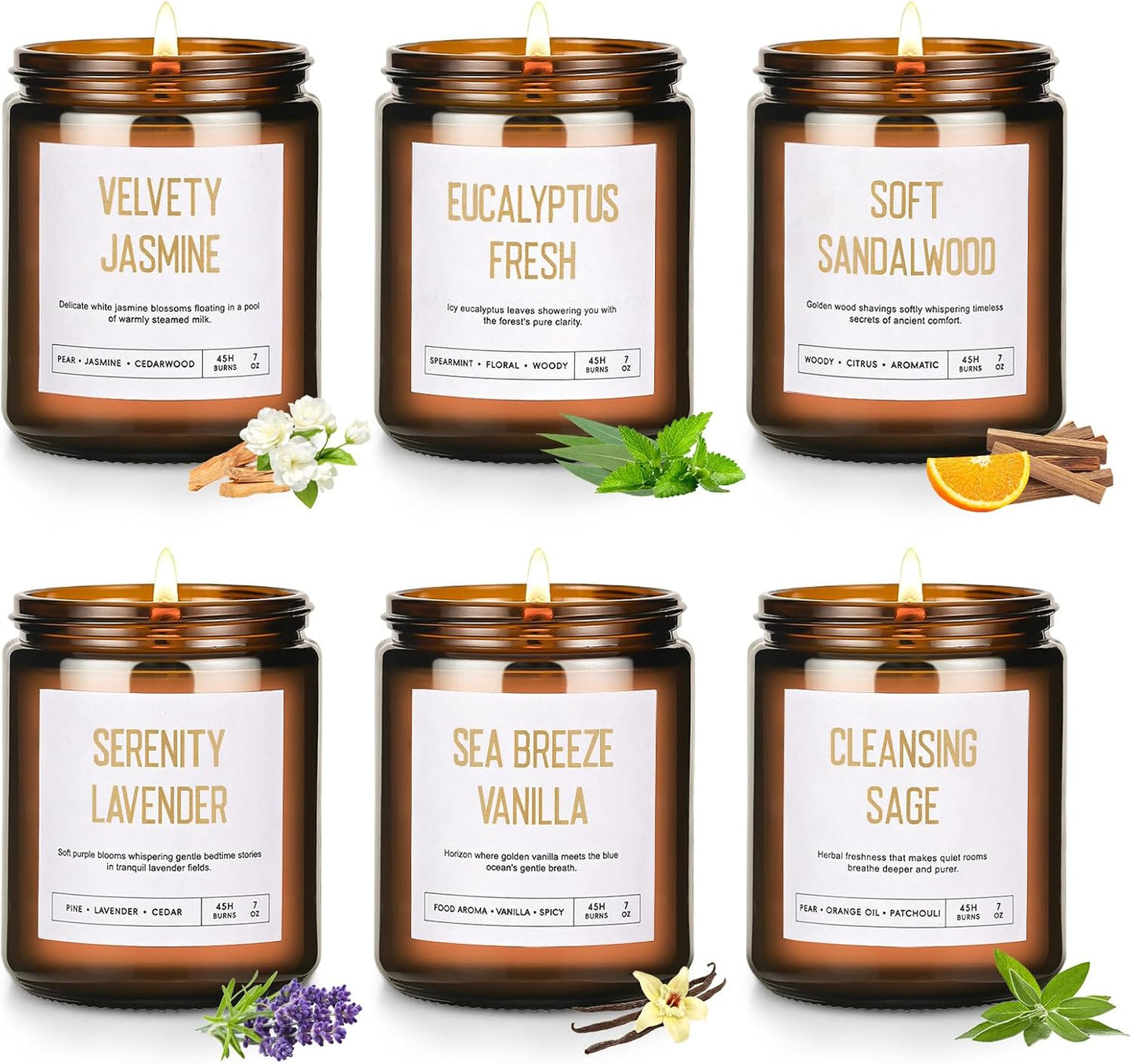 Scented Soy Candles Set for Women - 6 Pack 42oz 300Hour Candle for Home Scented, Lavender Vanilla Eucalyptus Sage Jasmine Sandalwood, Natural Soy Wax Aromatherapy Candles ﻿