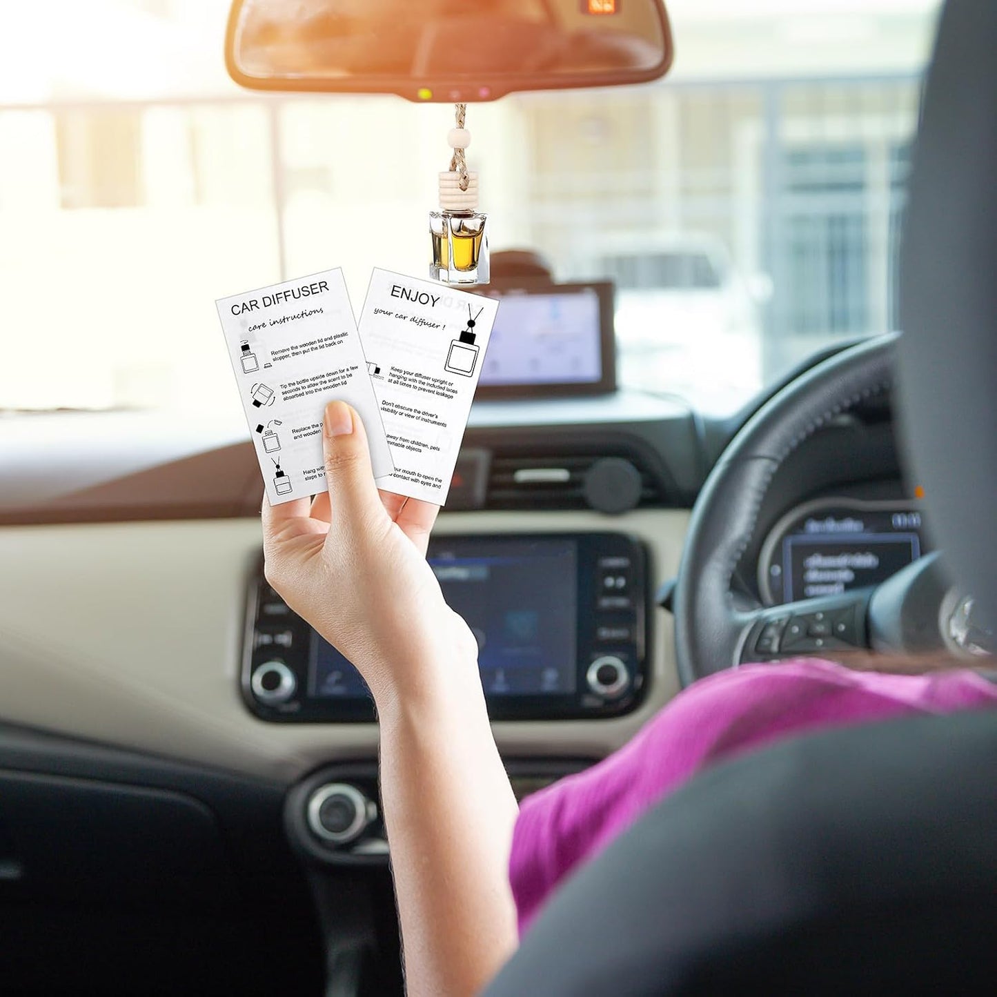 Boao 50 Sets Hanging Car Air Freshener Diffuser Bottles with 2 x 3.54 Inch Car Diffuser Instructions Cards for Empty Essential Oil Bottles(White Card,Flat Square)