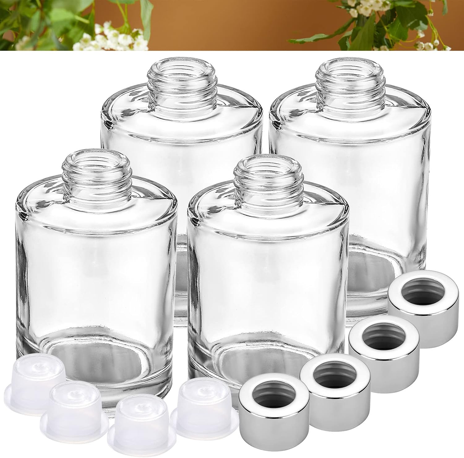 Wesiti 20 Packs Reed Diffuser Bottles Empty Refillable Glass Jars 4 oz Diffuser Bottles with Silver Caps for Essential Oil Home Fragrance Living Room Bathroom DIY Decor