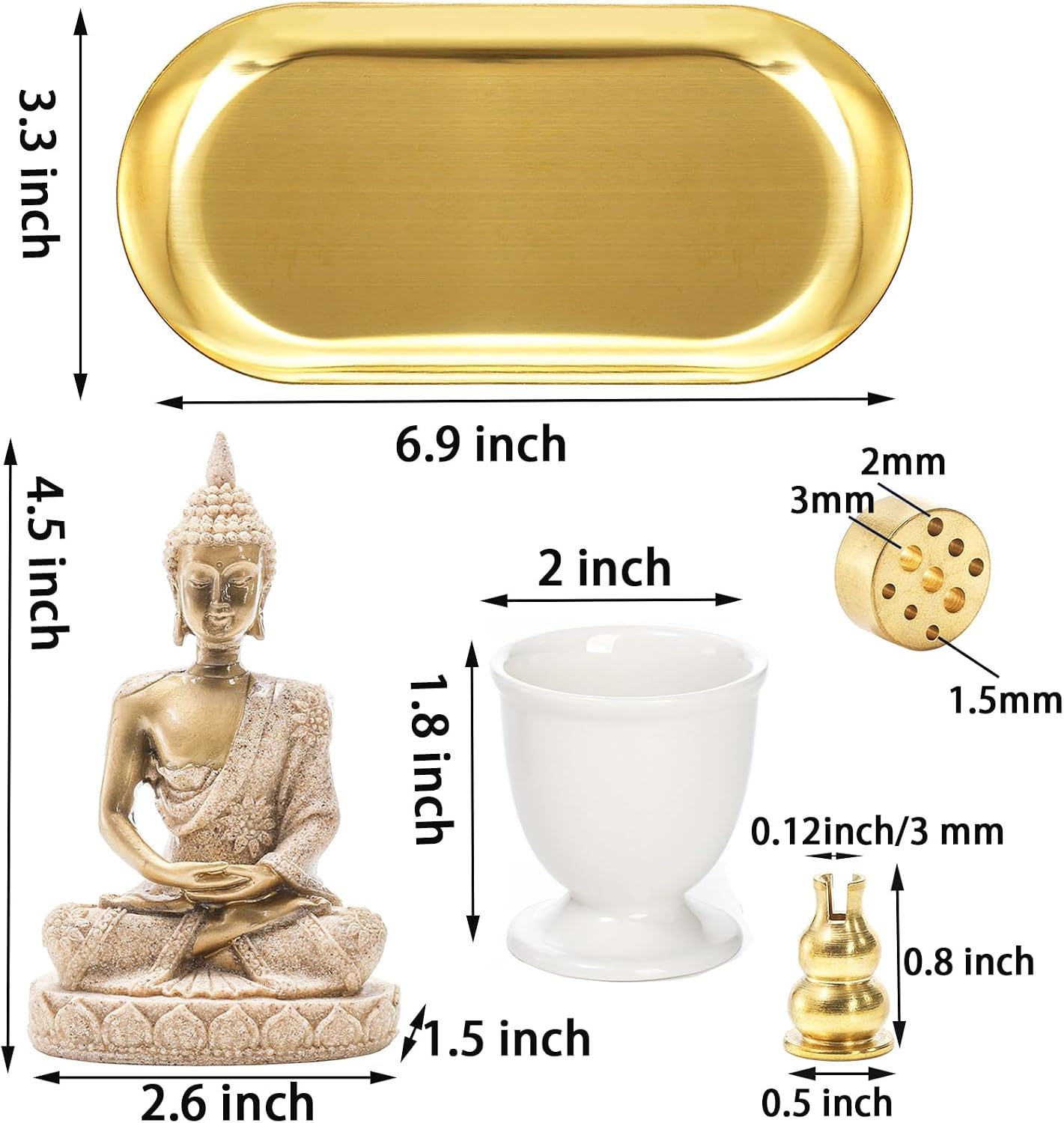 TOPZEA 6 in 1 Brass Incense Burner Holder, Palo Santo & Sage Sticks Holder, Ash Catcher Tray with Buddha Statue for Coil Incense, Incense Cone & Stick, Meditation Accessories, Yoga Room Decor