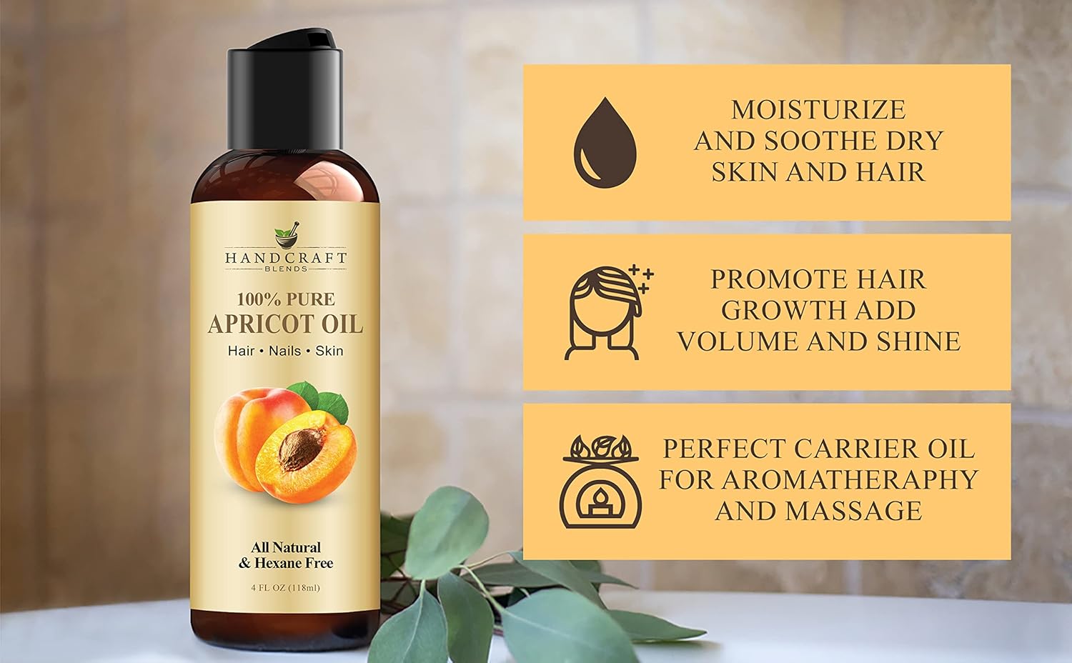 Handcraft Blends Apricot Kernel Oil - Cold-Pressed 4 Fl Oz - 100% Pure and Natural - Premium Grade Carrier Oil for Skin and Hair - Hair and Body - Massage - Hexane-Free