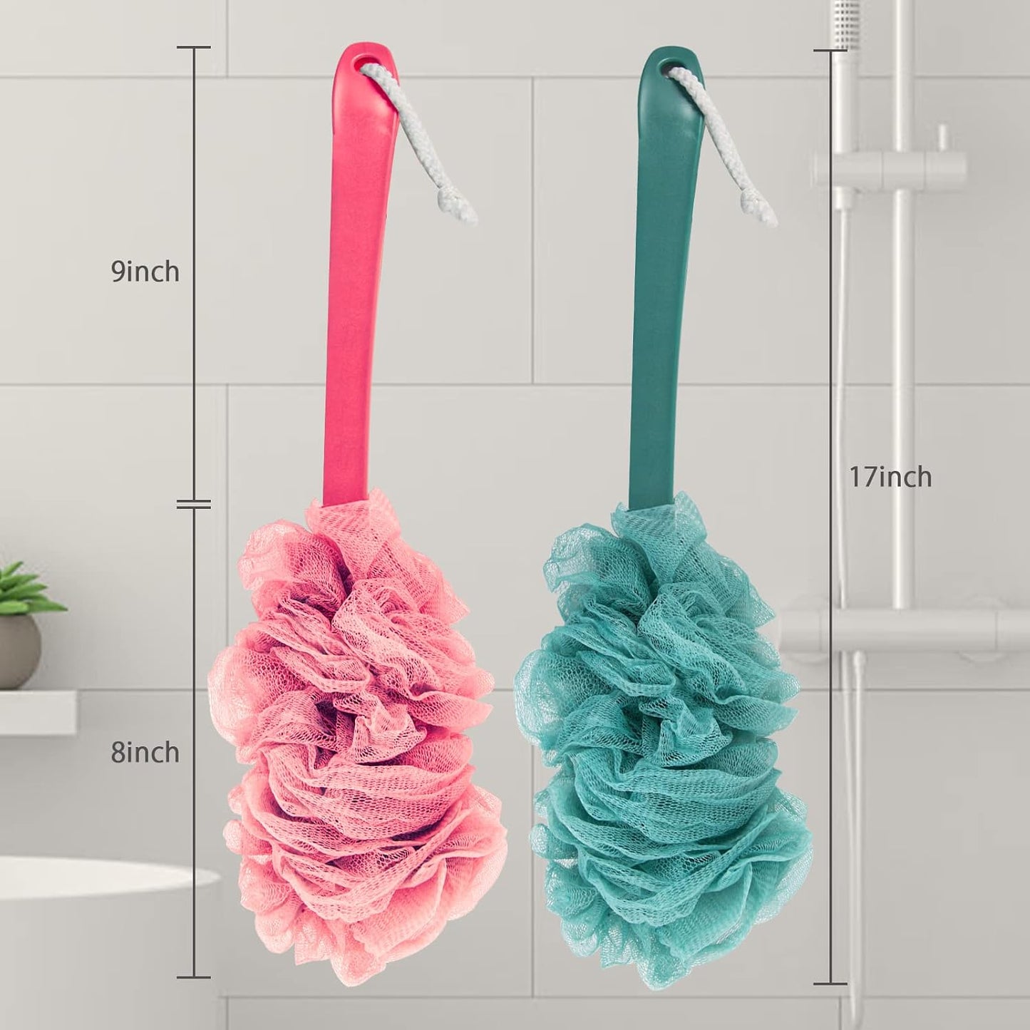 Evmliy Back Scrubber for Shower, Loofah Sponge Brush Exfoliating Body, Long Handle Scrub Brush for Shower with Loofah on a Stick for Back Use, Bathing Accessories Body Brushes (2Pack)