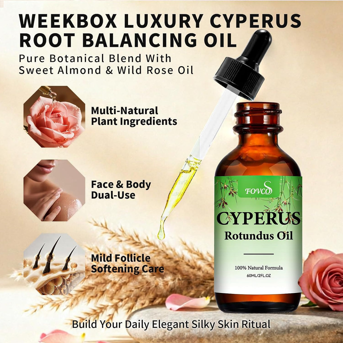 100% Pure Cyperus Rotundus Oil with Sweet Almond &amp; Rosehip – Natural Hair Removal Care &amp; Post-Waxing Soothing Oil for Face, Body, Underarms