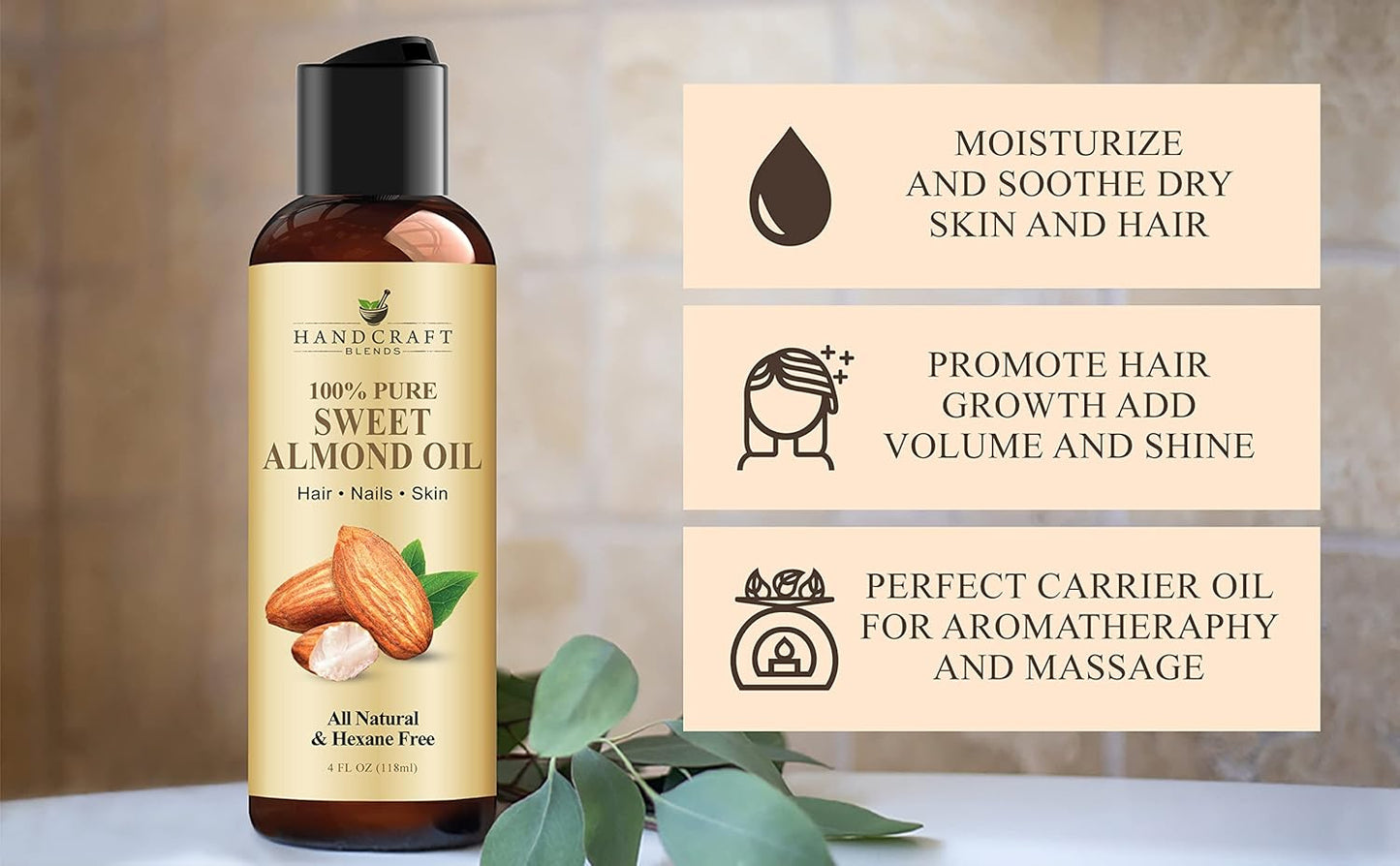 Handcraft Blends Sweet Almond Oil - 4 Fl Oz - 100% Pure and Natural - Premium Grade Carrier Oil for Skin and Hair - Hair and Body - Massage - Hexane-Free