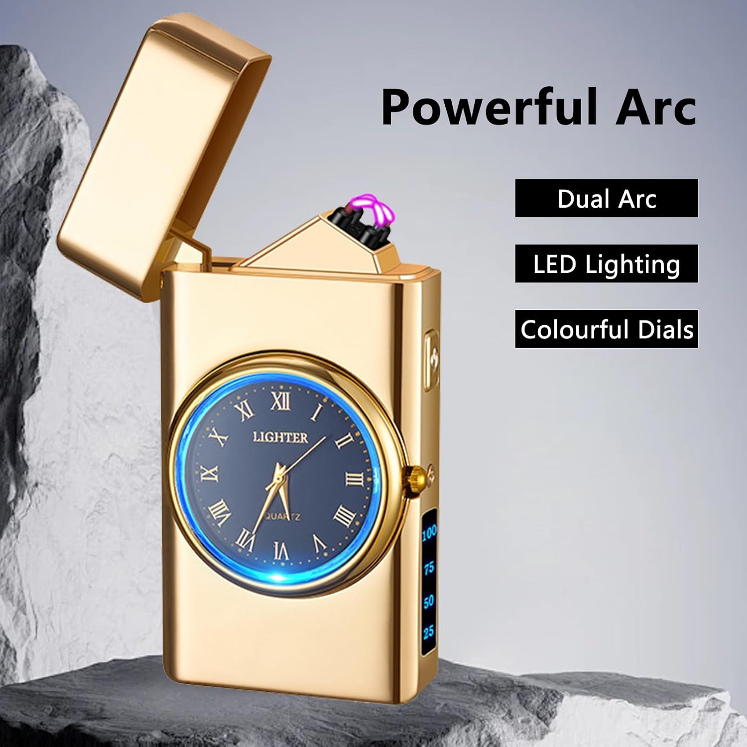 Windproof Dual Arc USB Rechargeable Clock Plasma Lighter with LED Display Lighter for Camping, Hiking, Candles, Barbecues and Outdoor Adventures Carry(Gold)