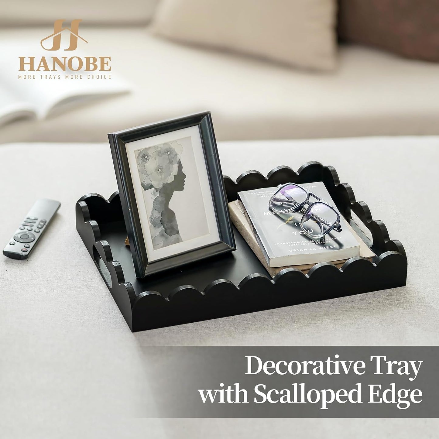 Hanobe Decorative Tray for Coffee Table: Serving Tray Decor with Scalloped Edge - Black Entryway Decor for Living Room Kitchen Counter