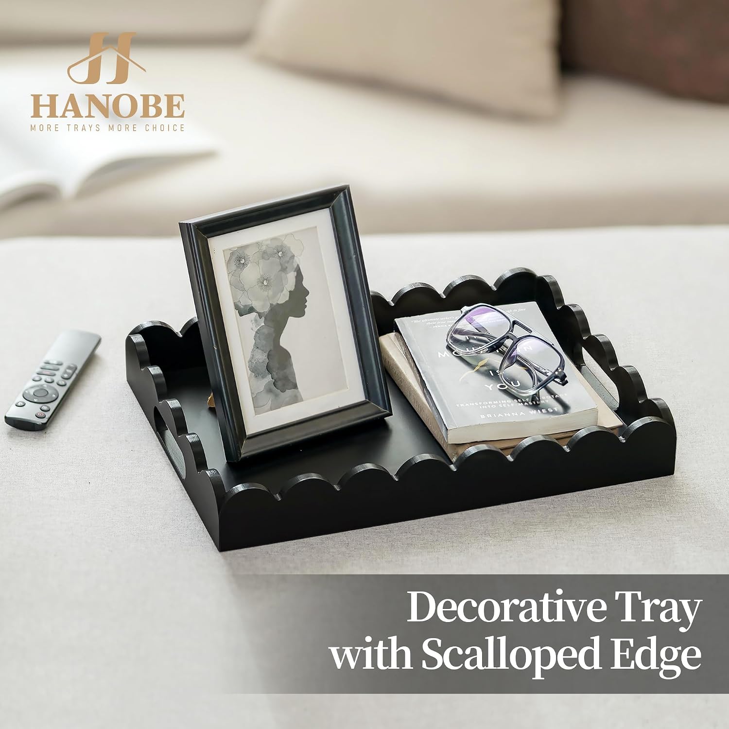 Hanobe Decorative Tray for Coffee Table: Serving Tray Decor with Scalloped Edge - Black Entryway Decor for Living Room Kitchen Counter
