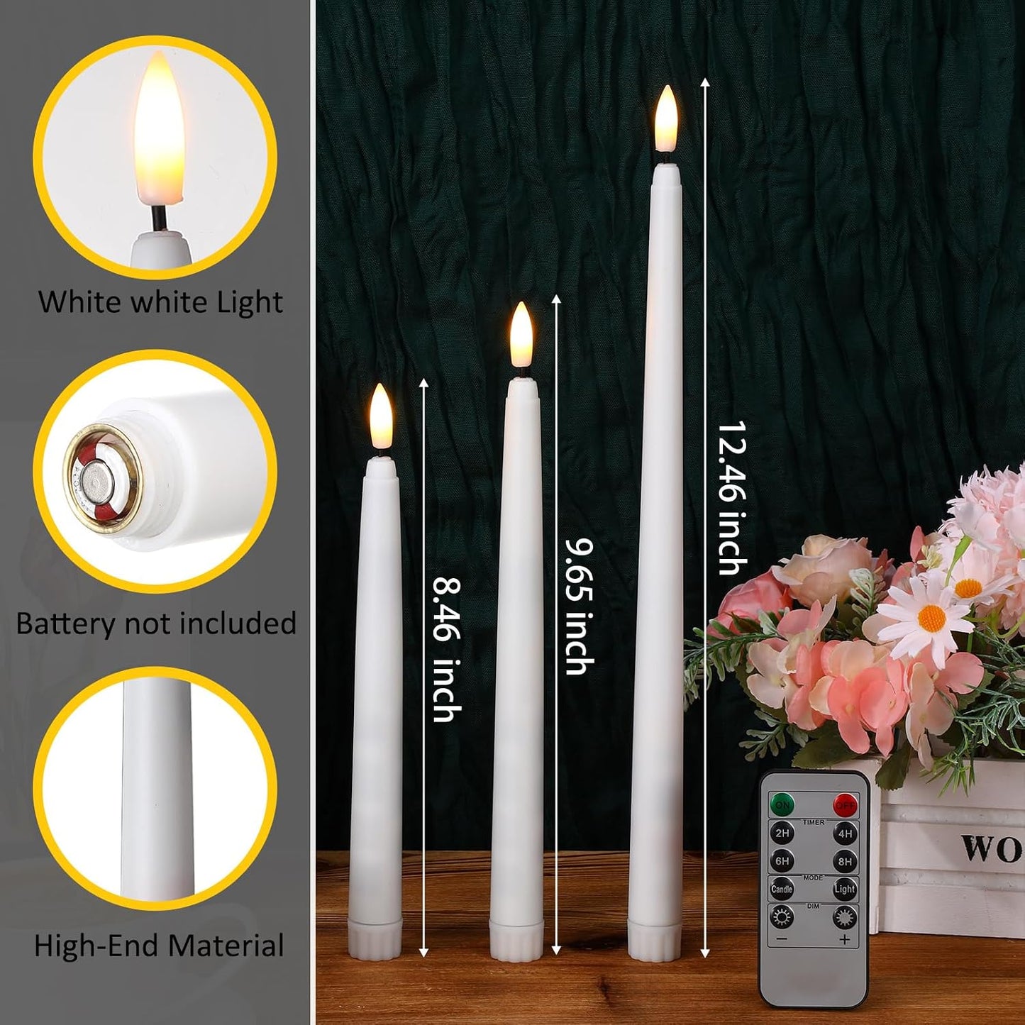 Tuanse 20 Pcs Flickering Flameless Taper Candles Bulk LED Battery Operated Realistic Flame Effect with Remote & Timer Safe No Fire Wax Drip Candles for Wedding Church Home Decor (12.4",White)